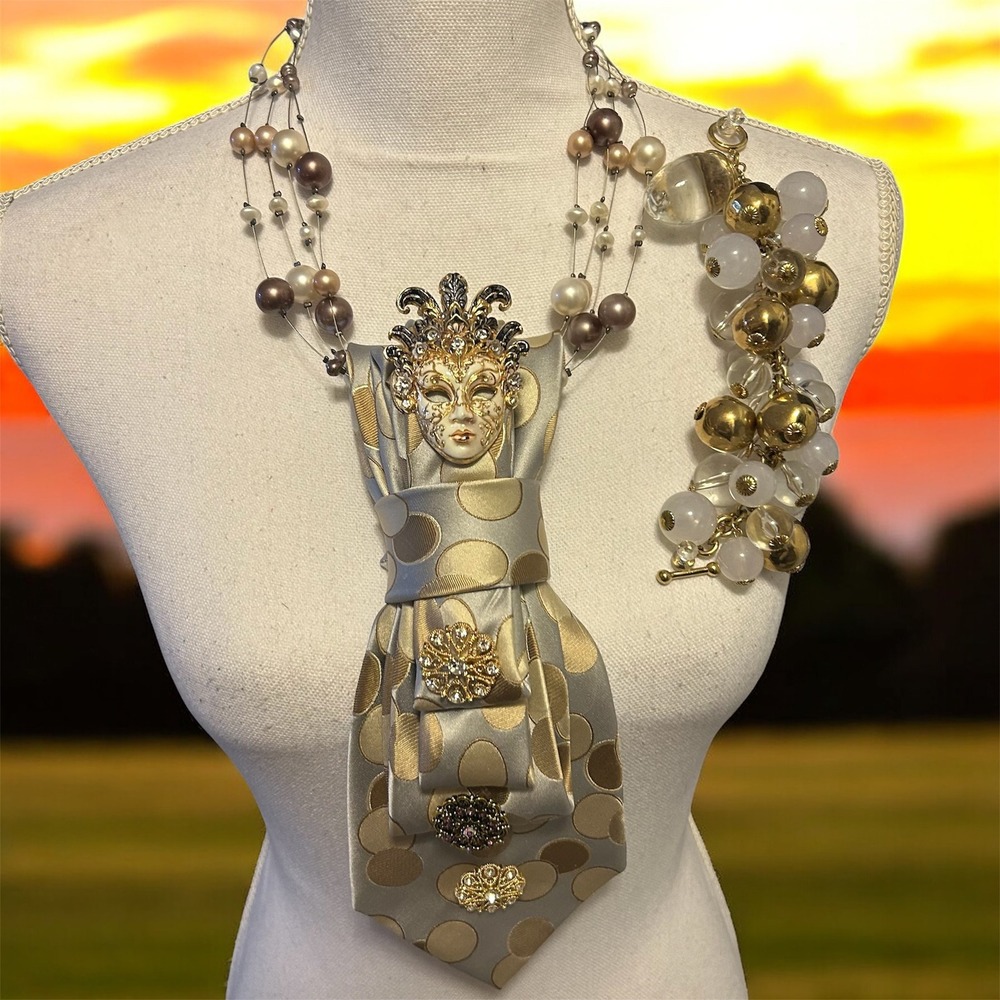 Geoffrey Beene Upcycled Silk Tie Masquerade Mask Necklace & Bracelet Set Gold - Picture 8 of 11